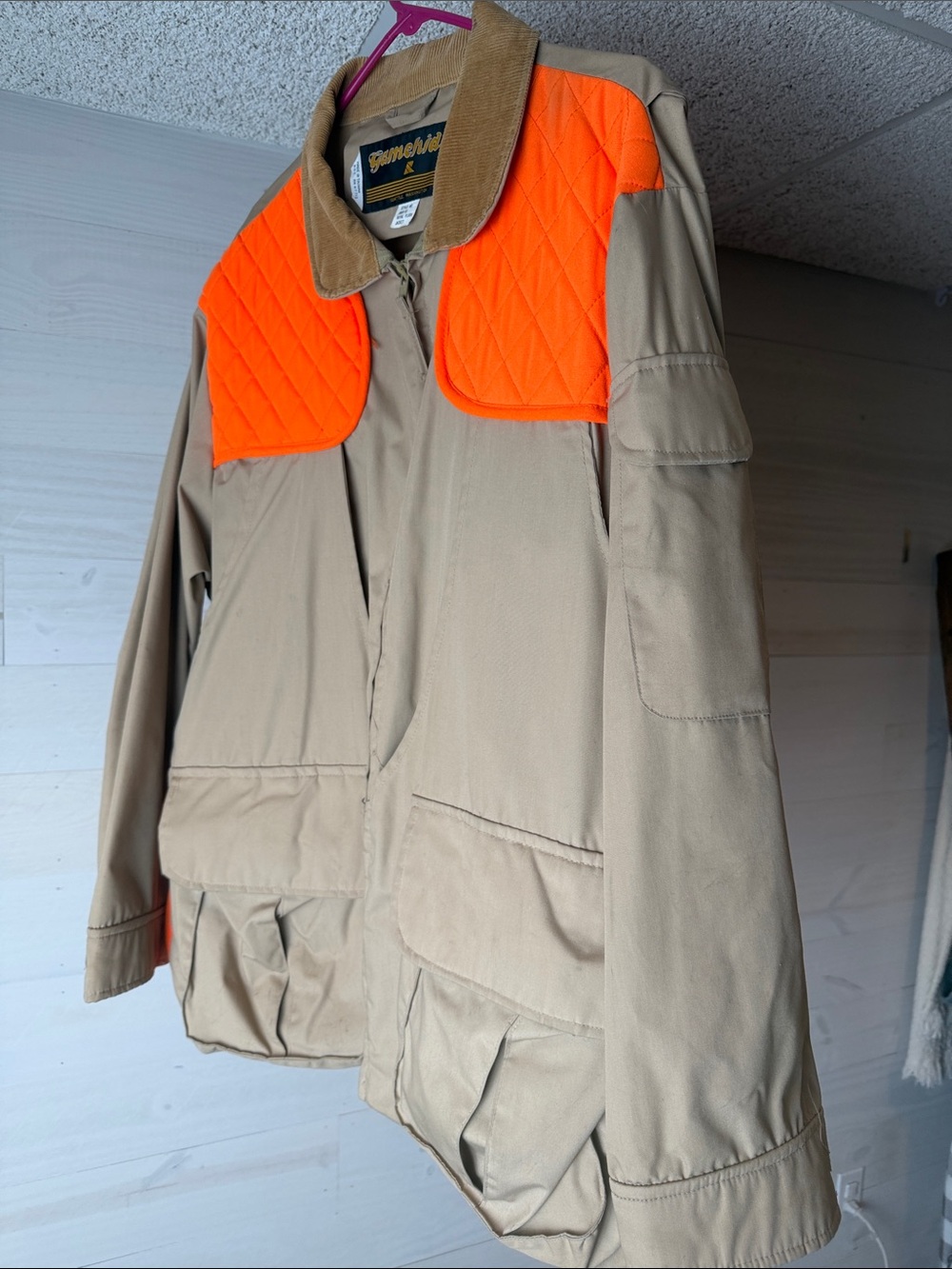Men's Tan Field Jacket with High-Vis Orange Quilted Shoulders